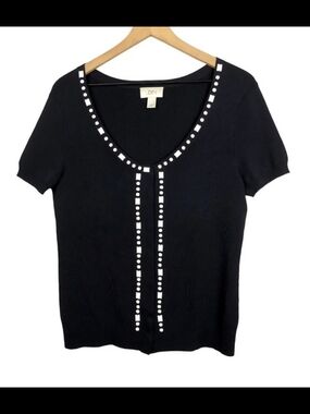 LOFT Navy Short Sleeve Scoop Neck Top with White Stud Detailing, snap buttons